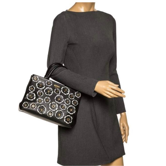 PreLoved Authentic Moschino Black Floral Applique Leather Tote - Picture 3 of 8